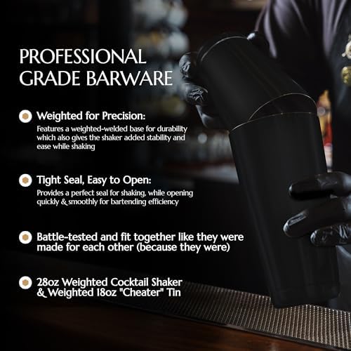 2-Piece Cocktail Shaker Matte Black – 28 oz Weighted Shaker & 18oz Weighted Cheater Tin, Professional Grade Bar Shaker, Premium Cocktail Shaker Set for Professional & Home Bartenders