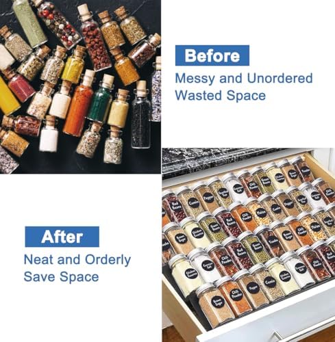 Expandable Spice Drawer Rack Organizer Insert for Kitchen Cabinet - Multi Tier Adjustable Spice Storage Shelf for Seasoning and Jar, Pack of 6