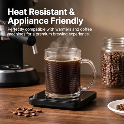 12oz Clear Embossed Glass Coffee Mugs Set of 12, Glass Mugs with Handles