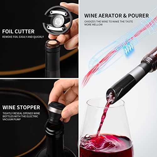 Rechargeable Electric Wine Bottle Opener Set 7-in-1 Aluminum Alloy Wine Gift Set with 2-in-1 Electric Corkscrew & Vacuum Pump, Foil Cutter, Wine Pourer, Charging Base and 2 Wine Stoppers