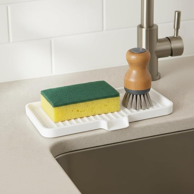 Silicone Soap Dish Tray and Sponge Holder with Drain Chute, Rectangular, Kitchen and Bathroom Sink Organizer (Light Grey, 9"x3.5")