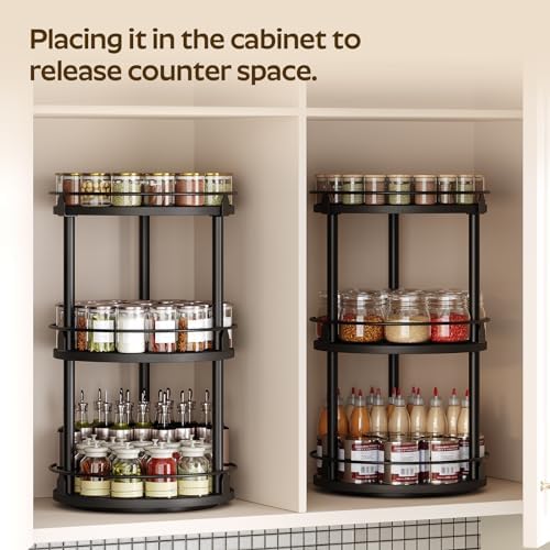 3-Tier Lazy Susan Organizer, Rotating Spice Rack, Spinning Organizer, Industrial Turntable Spice Rack Organizer for Cabinet, Kitchen Countertop, Pantry, Black SR23BK