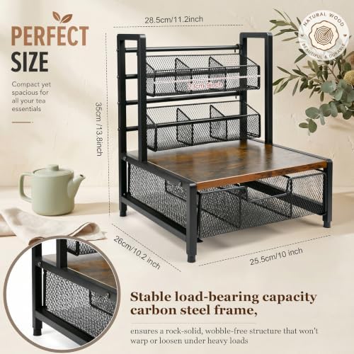 3 Tier Coffee Station Organizer with Drawer and Hanging Baskets, Wood & Metal Large Capcity Coffee Bar Organizer for K Cups, Coffee Pods, Tea Bags, Sugar Packets, Countertop Storage Rack