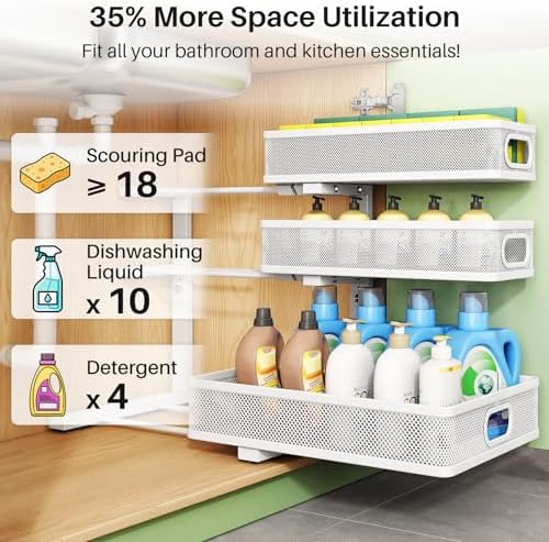 Under Sink Organizer, 2-Pack 3-Tier Height Adjustable Thickened Metal Pull out Cabinet Organizer Shelf, Slide out Storage Drawer Rack for Bathroom Kitchen Pantry Home Laundry Organization