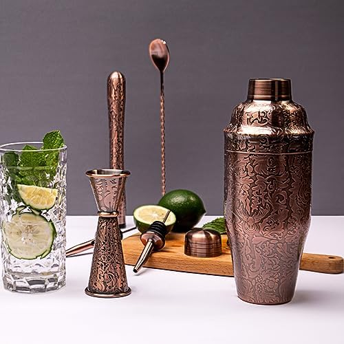 3D Etching Cocktail Shaker Set Bartender Kit with Cocktail Shaker,Jigger, Muddler, Bar Spoon, Bar Accessory Tools, Reindeer Deer Head Pattern, Stainless Steel, Copper Plated