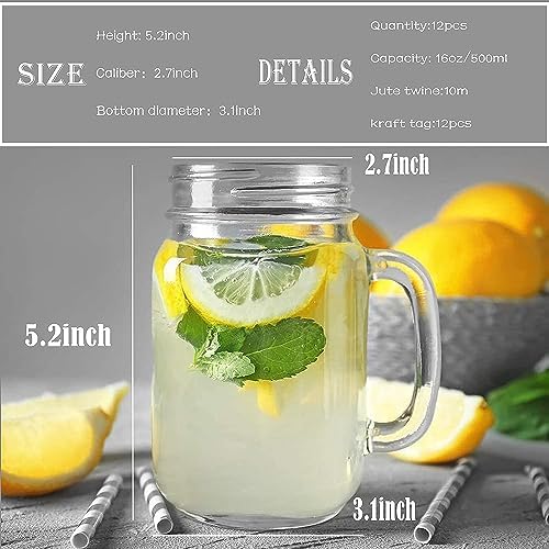Mason Jar Cups, Mason Jars With Lids & Handle, 16 oz – 12 Pack