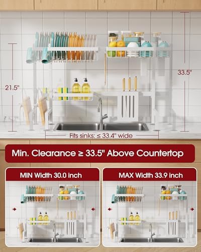 Over The Sink Dish Drying Rack - Adjustable 2 Tier Large Capacity Stainless Steel Drainer with Cutlery & Utensil Holders, Kitchen Storage & Organization, 30"-33.9" L x 11" W x 21.5" H, White