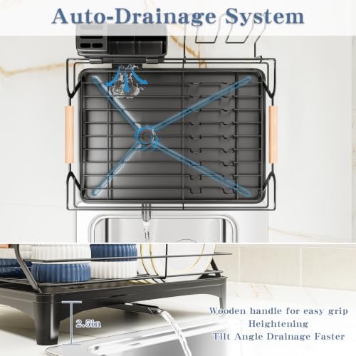 Dish Drying Rack,Space Saving Dish Drainer for Kitchen Counter & Sink,Black