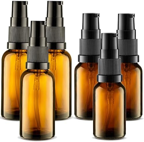 VitalUp Empty Refillable Glass Amber Pump Bottle Ideal for Lotion Cream Essential Oil Travel Small Container, TSA Approved, (6-Pack) 30ml &15ml by Vitalup