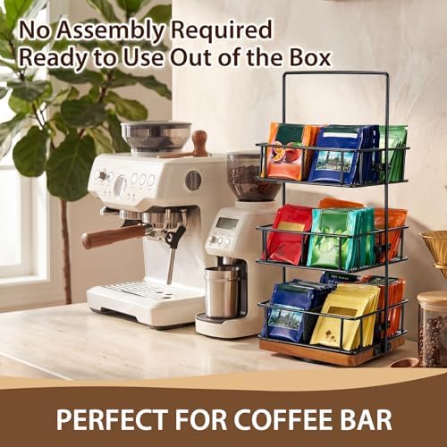 3 Tier Rotating Tea Bag Organizer Iron & Acacia Wood 360°Spinning Carousel