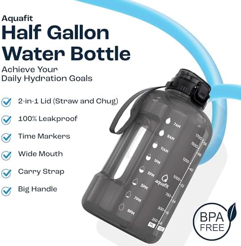 Half Gallon Water Bottle with Time Marker, 2in1 Lid