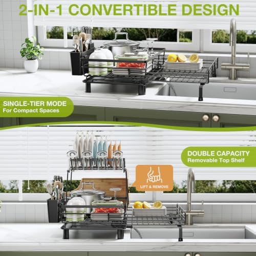 2-Tier Expandable Dish Drying Rack for Kitchen Counter, Black
