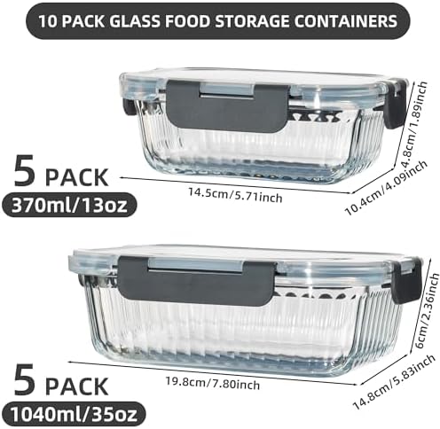 10 Pack Glass Meal Prep Containers, Food Storage Container Set - Grey