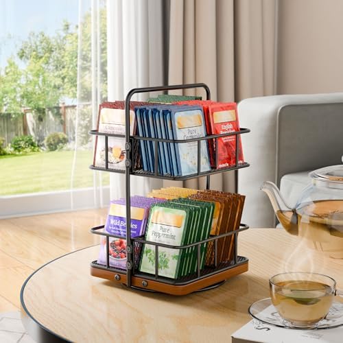 Rotating 2 Tier Tea Bag Organizer, 360° Spinning Teabag Organizer