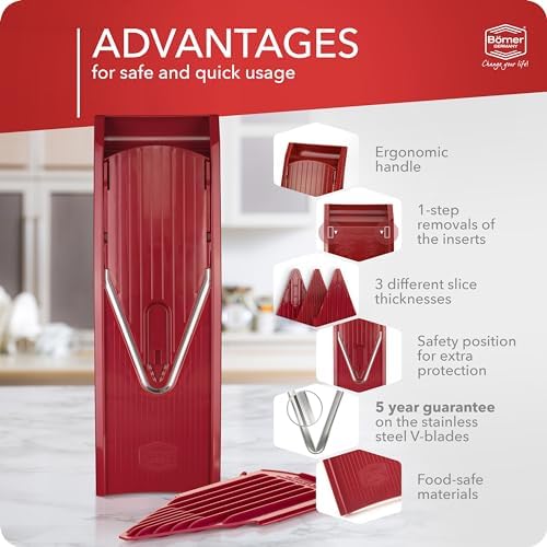 Mandoline Slicer V1 (Basis Set) • V-Slicer with 2 Inserts & Fruit Holder • Adjustable Kitchen Slicer for Vegetables & Fruits • Vegetable Cutter • 3 Thickness Settings • Color: Red