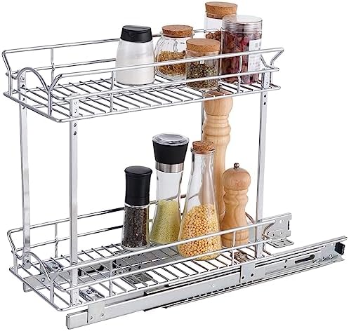 Slide Out Cabinet Organizer for Narrow Cabinet (5" W X 17" D), 2 Tier Pull Out Shelves Slim Sliding Cabinet Organizer and Storage, Chrome