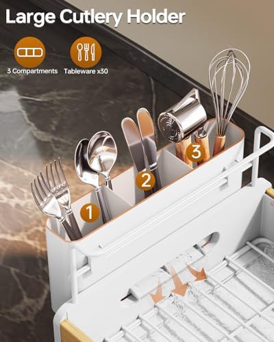 Bamboo Dish Drying Rack for Kitchen Counter, Stainless Steel,White