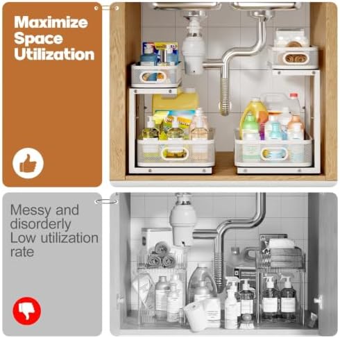 2 Pack Under Sink Organizer With Smooth Cylindrical Rail,2-Tier Pull Out Multi-Purpose Cabinet Storage for Bathroom&Kitchen,Height Adjustable,Rust-resistant Coating-White