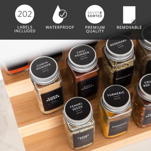 Spice Labels for Glass Jars, 202 Round Preprinted Waterproof Kitchen Spice Labels Stickers, Seasoning Organization Black Pantry Herbs Label for Top Lid, Chalkboard Labels for Spice Jars