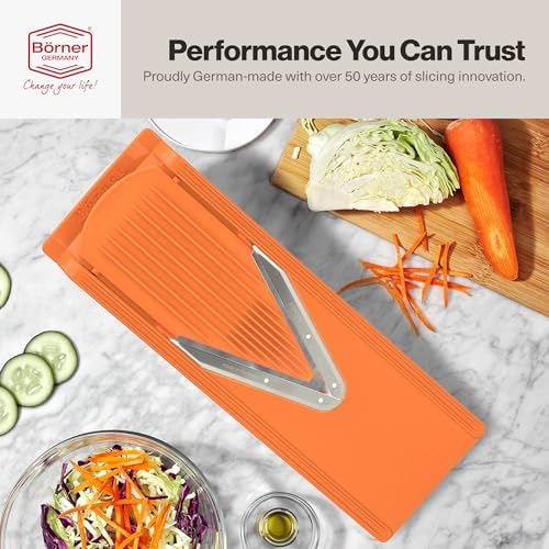 Swissmar Borner V-Slicer Plus Mandoline 5-Piece Set – Professional Kitchen Utensil with Adjustable Inserts – Cuts Potatoes, Cucumbers, Chips & More – Vegetable Slicer with Safety Holder - Orange - Image 6