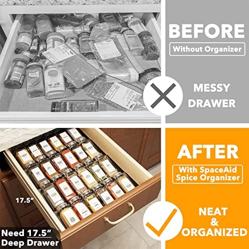 Spice Drawer Organizer with 24 Spice Jars, 378 White Minimalist Spice Labels, 4 Tier Seasoning Rack Tray Insert for Kitchen Drawers, 11.25" Wide x 17.5" Deep