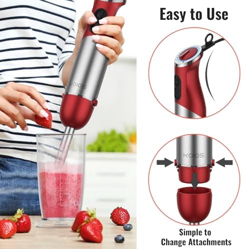 5-in-1 Hand Immersion Blender, 1000W 12 Speed Handheld Blender Stick with Copper Motor Stainless Steel Blade, 600ml Mixing Beaker,500ml Food Processor, Whisk, Milk Frother, Non-BPA, Red