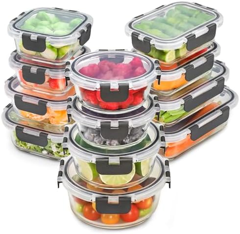 Glass Storage Containers with Lids, 24 Pieces, 12 Containers with 12 Lids, Glass Meal Prep Container for Lunch, Food Storage Containers, Leak Proof, Freezer Safe, Gray