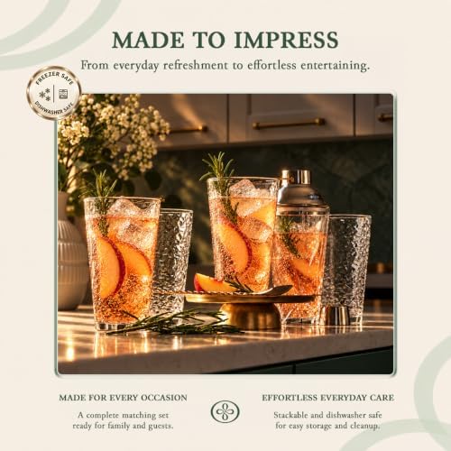 Set of 10 Hammered Glass Cups, Clear Heavy Base Drinking Glasses