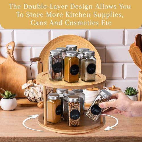 Bamboo Turntable Lazy Susan Rotating Spice Rack (10" Inches) - 2 Tier Spice Rack Organizer for Kitchen Cabinets, Pantry Storage - Durable, Easy Access, Space-Saving Design for Home Organization