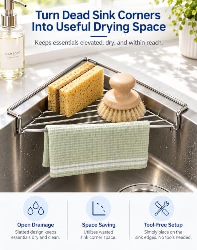 Sink Corner Drying Rack, Triangle Stainless Steel Dish Drainer，2 Pcs