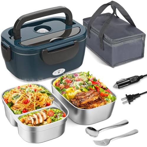Electric Lunch Box for Adults, Heated Lunch Box for Men Women with Dual 1.5L SS Containers, Portable 80W Food Warmer for Car/Truck, Lonchera Eléctrica Portátil Christmas White Elephant Gift