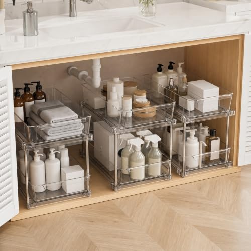 2-Tier Multi-Purpose Bathroom Under Sink Organizers and Storage, Stackable Kitchen Pantry Organization, Pull Out Medicine Cabinet Organizer with Movable Dividers, Clear, 2 Pack