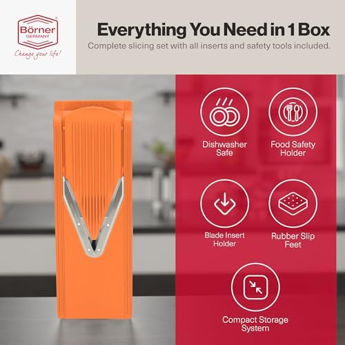 Swissmar Borner V-Slicer Plus Mandoline 5-Piece Set – Professional Kitchen Utensil with Adjustable Inserts – Cuts Potatoes, Cucumbers, Chips & More – Vegetable Slicer with Safety Holder - Orange - Image 2