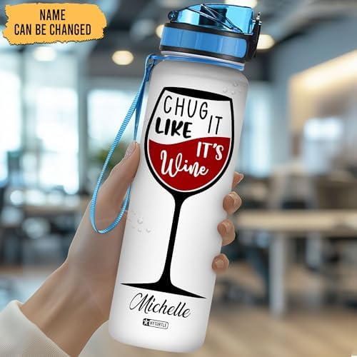 Personalized Chug It Like It's Wine Water Bottle - 32oz Motivational Water Bottle with Time Marker & Leak-Proof Lid - Custom Name Gift for Wine Lovers, Women, Men - Birthday & Christmas Gift