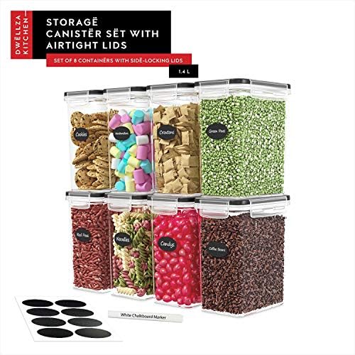 Airtight Food Storage Container Set - 8 Pieces 1.4L - Plastic BPA Free Kitchen Pantry Storage Containers with Lids - Dishwasher Safe - Include 8 Labels - Keeps Food Fresh & Dry