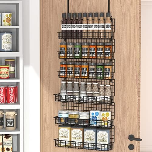 6-Tier Spice Rack Organizer with Door Hook, Wall Mounted & Over the Door Spice Racks for Kitchen Pantry Door Cabinet, Two Size, Large Capacity, Black