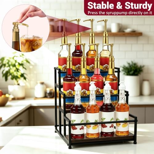 3‑Tier Coffee Syrup Organizer, Metal Countertop Bottle Holder, Holds 12 Standard 25.4oz Syrup Bottles, Rustic Coffee Bar Storage Display Shelf, Cabinet Wine Rack & Kitchen Spice Rack