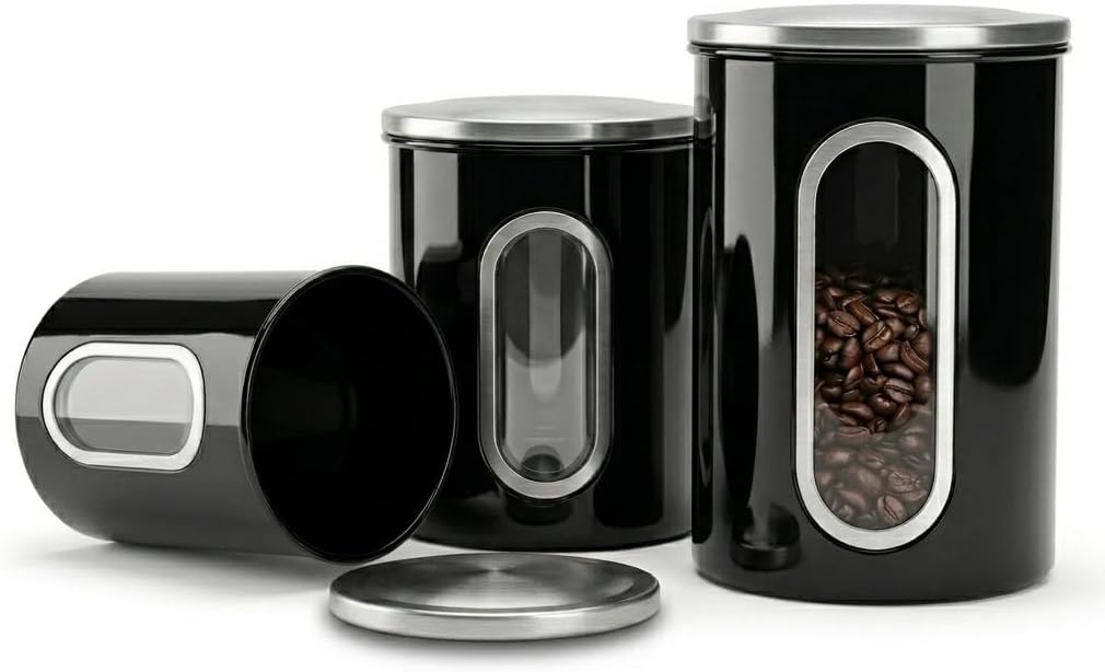 3-Pcs Black Canisters Set for Kitchen Storage Airtight Jars