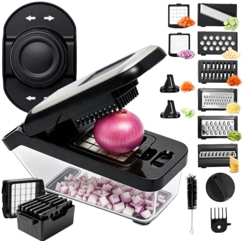 Vegetable Chopper, 10-in-1 Mandoline Slicer and Chopper with 10 Interchangeable Blades & Container, 304 Stainless Steel Press Lid, Onion Chopper, Potato Slicer, Julienne Cutter by KmassKmaxx