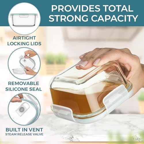 24 Pc Airtight Glass Food Storage Containers - Glass Meal Prep Containers - Freezer to Oven Safe - Steam Release Valve BPA Free - Airtight Bento Boxes - Leak Proof (12 lids & 12 Containers)