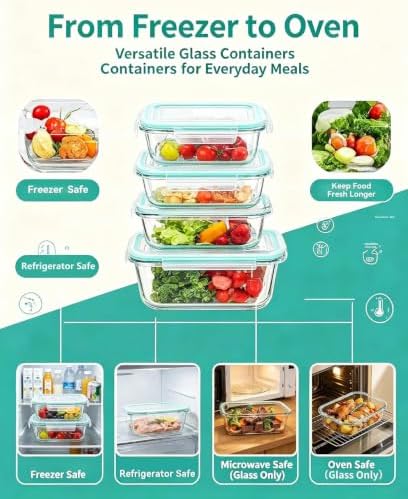 Glass Food Storage Containers with Airtight Lids - BPA-Free, Leak-Proof, Clear - for Lunch Meal Prep & Leftovers Set of 8