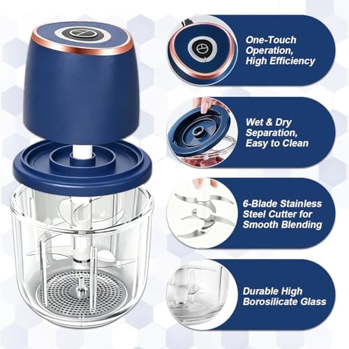 Electric Garlic Chopper, 2026 Upgraded Mini Food Processor 350ml, Cordless USB Rechargeable Food Chopper with 6 Stainless Steel Blades & Thickened Glass for Garlic Ginger Nuts Meat (350ml-White) - Image 3