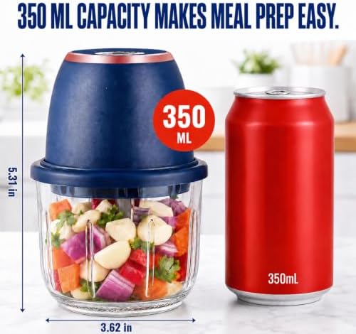 Electric Garlic Chopper, 350 mL, 6-Blade, USB Rechargeable, Blue