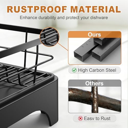 Large Dish Drying Rack with Automatic Dish Drying Rack for Kitchen Counter, Rustproof Stainless Steel Dish Drainer with Cutlery Holder, Over Sink Organizer (17" x 13.4", Black)