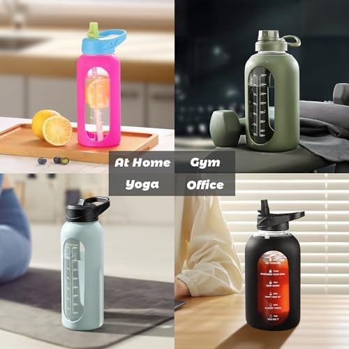 64 oz Glass Water Bottle with Straw, Half Gallon Large Water Jug