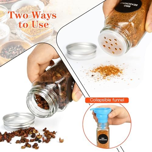 24pcs Glass Spice Jars, 4oz Empty Spice Jars with Metal Caps, Labels, Shaker Lids, Collapsible Funnel, Chalk Pen, Seasoning Organizer for Spice Rack