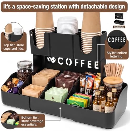 Expandable 2 Tier Coffee Station Organizer, Coffee Bar Organizer with 11 Compartments & Cup Holder Rack, Coffee Pod Holder for K Cups, Tea Bags, Sugar Packets, Countertop Coffee Accessories Storage