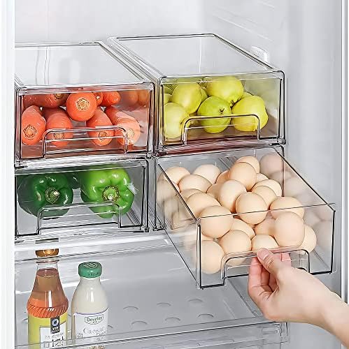 2Pack Clear Fridge Drawers Pull Out Stackable Refrigerator Drawer Organizer Bins Pantry Storage Box Plastic Food Containers for Kitchen Bathroom Office Closet (2pack-Large)