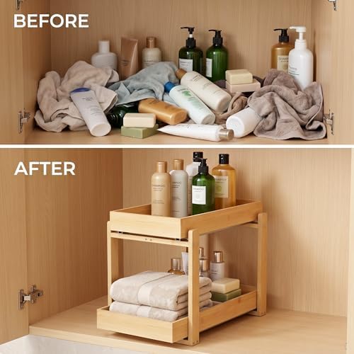 Bamboo Under Sink Organizer Adjustable Height 2 Tier Bathroom Organizer