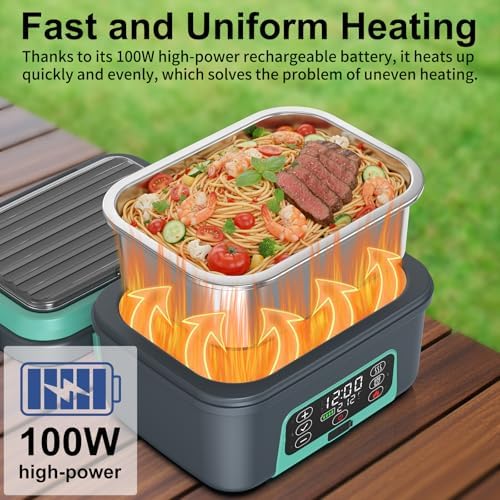 Cordless Electric Heated Lunch Box, 1.5L - 6.3 Cups 100W Rechargeable Smart Self-Heating Food Warmer with Removable Divider, Spoon, Fork, BPA Free, Portable Lunchbox for Car Travel Office Lake Green